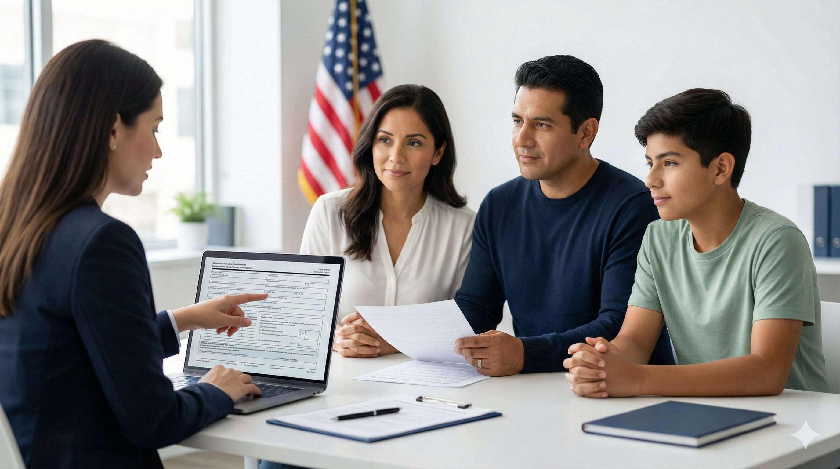 Familia latina caminando tranquila en Estados Unidos después de avanzar en su proceso migratorio