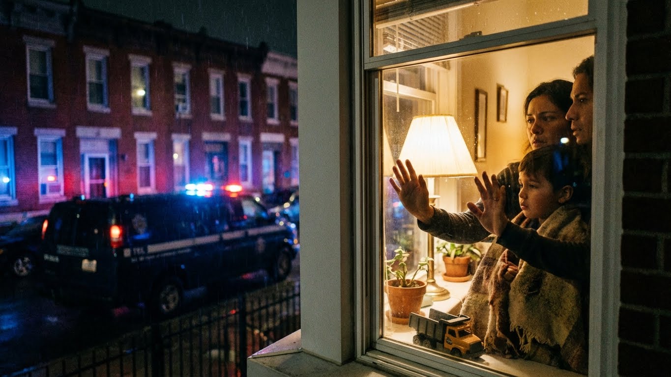 Familia latina mirando con preocupación las luces de policía desde su ventana